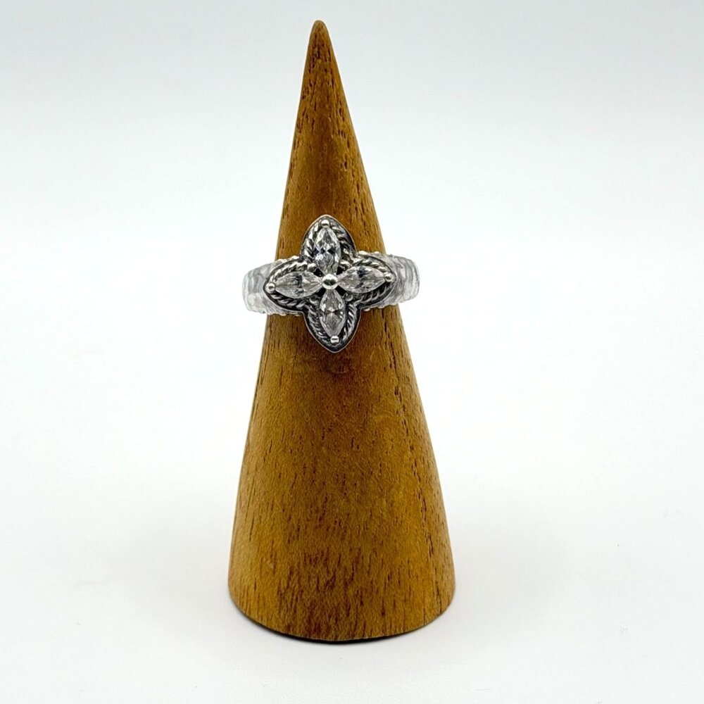 925 Silver Marquise - CZ Intricate Floral Design Hammered Band Ring 5.5